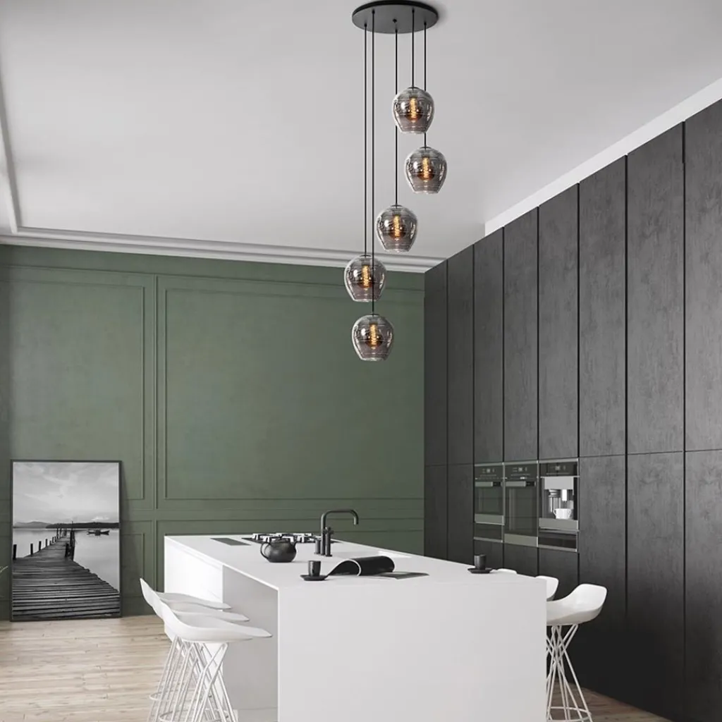 5-Lichts ronde hanglamp zwart met smokey glas>Straluma New