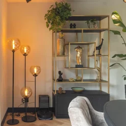 3-Lichts vloerlamp mat zwart met amber glazen bollen><noscript><img width=