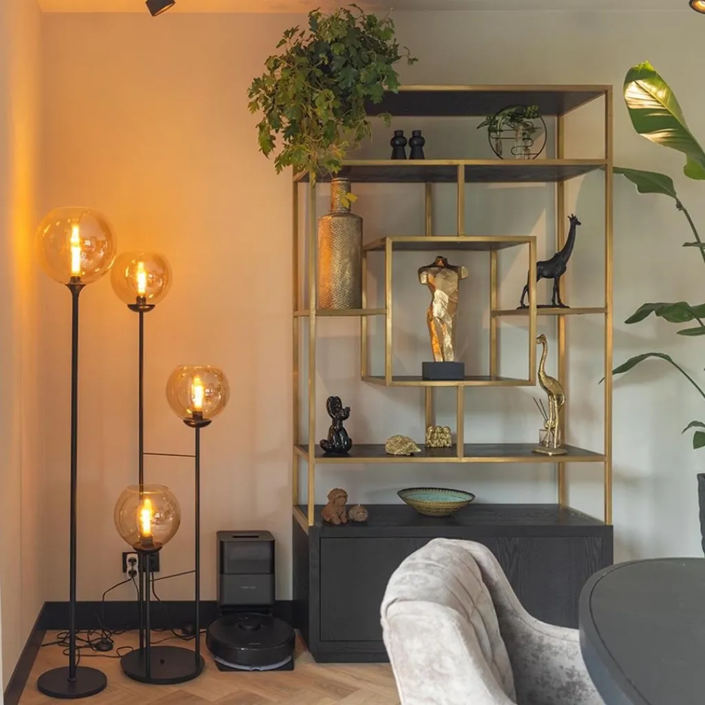 3-Lichts vloerlamp mat zwart met amber glazen bollen>Straluma Cheap