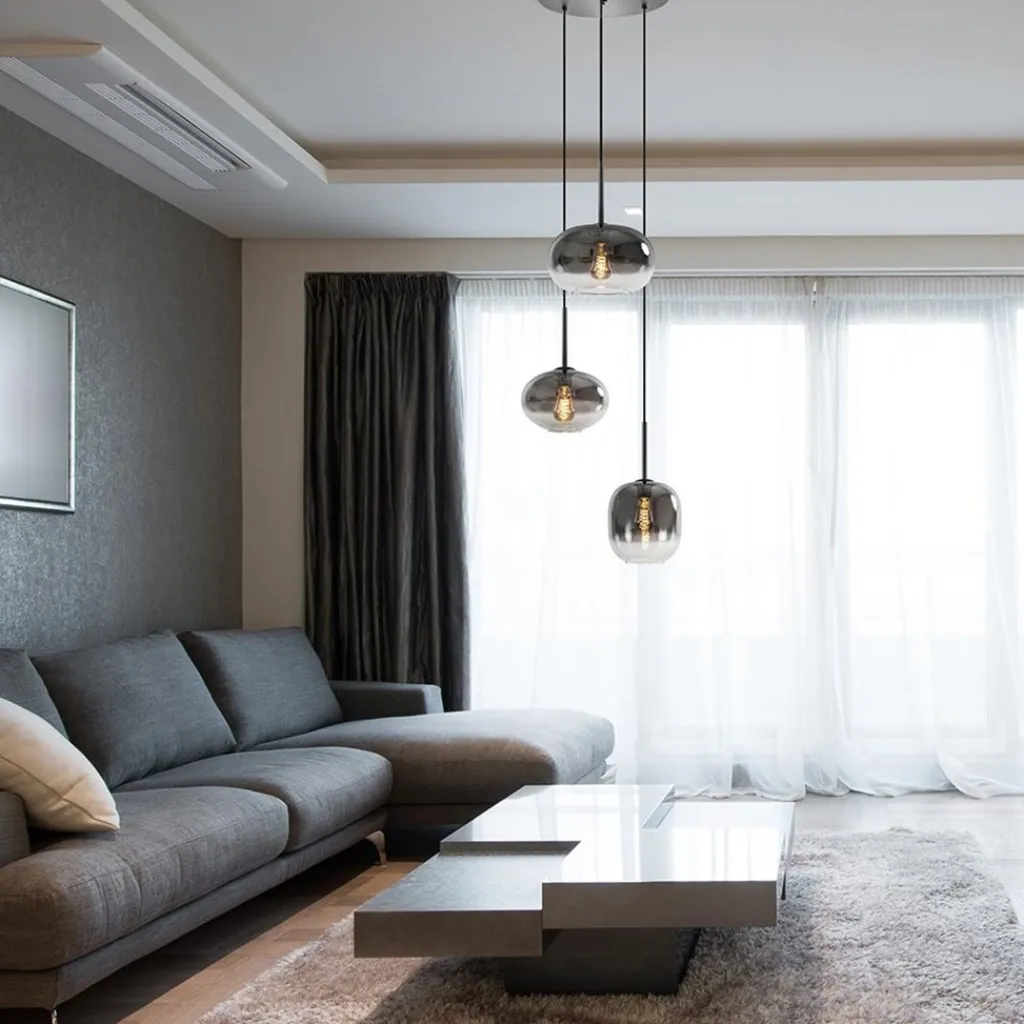 Luxe 3-lichts hanglamp rond met smoke glazen kappen>Straluma New