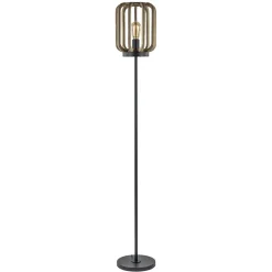 Mat zwarte vloerlamp met ruwe houten kap>Straluma Discount