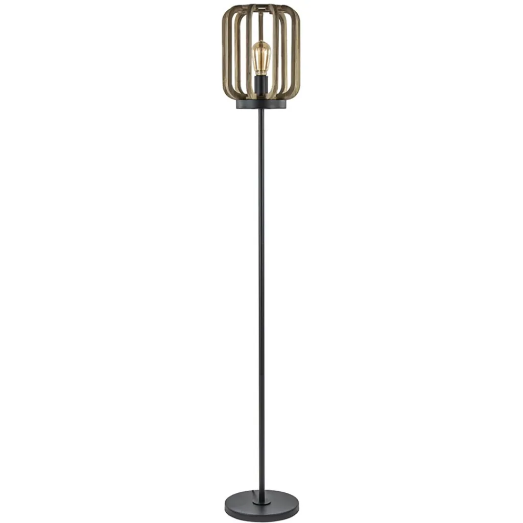Mat zwarte vloerlamp met ruwe houten kap>Straluma Discount
