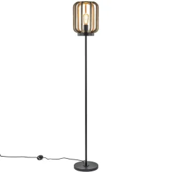 Mat zwarte vloerlamp met ruwe houten kap>Straluma Discount