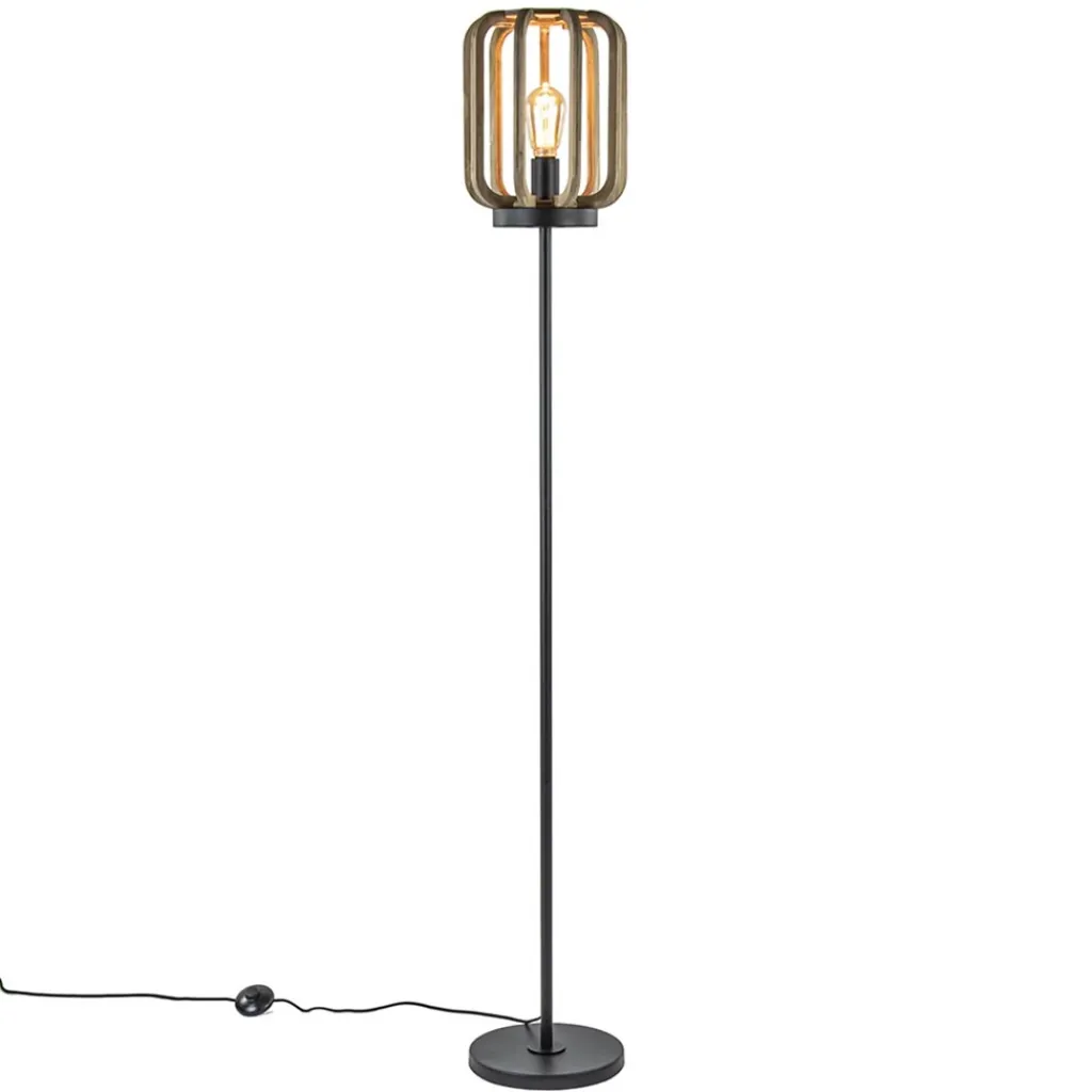 Mat zwarte vloerlamp met ruwe houten kap>Straluma Discount