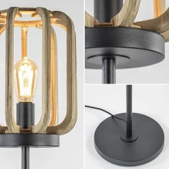 Mat zwarte vloerlamp met ruwe houten kap><noscript><img width=