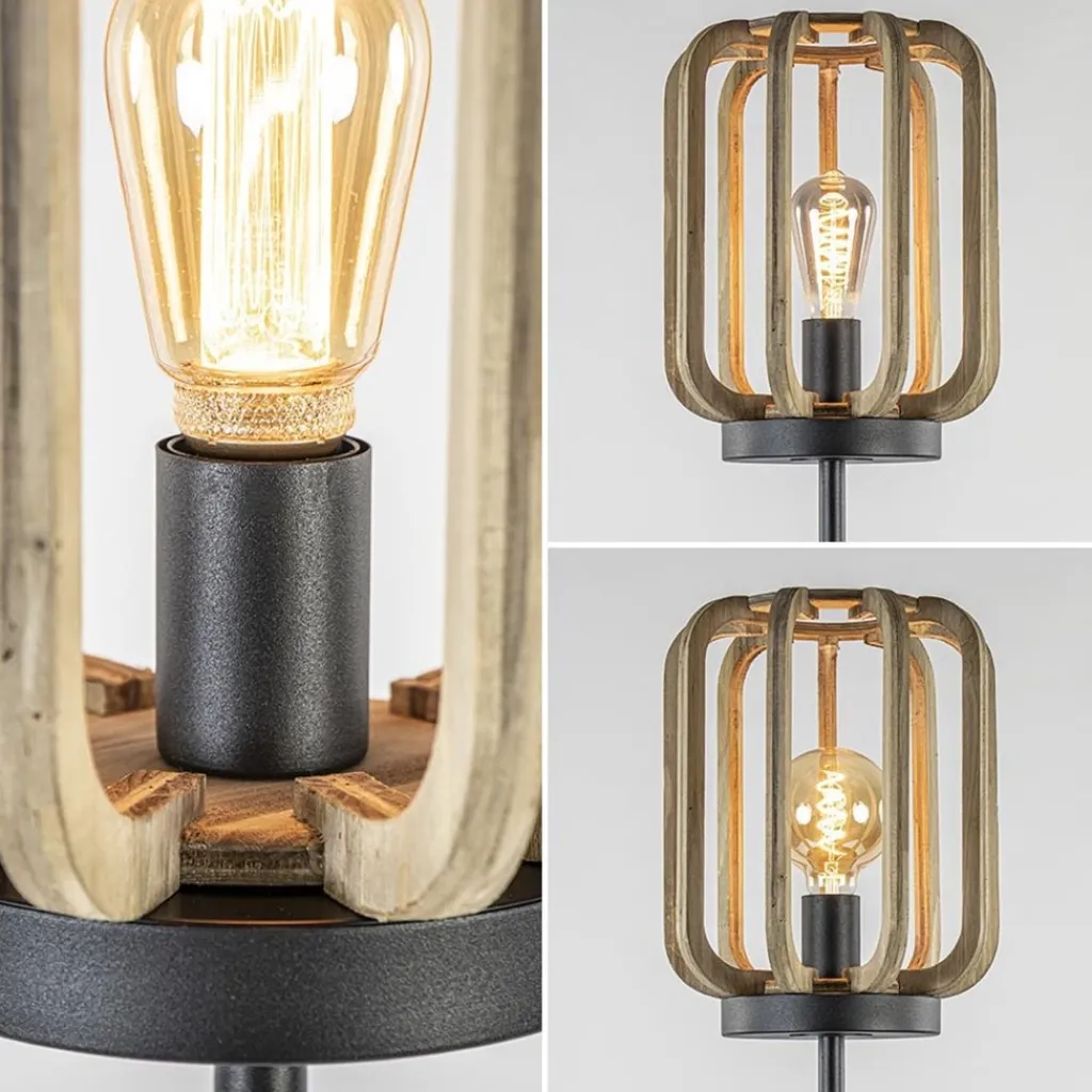 Mat zwarte vloerlamp met ruwe houten kap>Straluma Discount