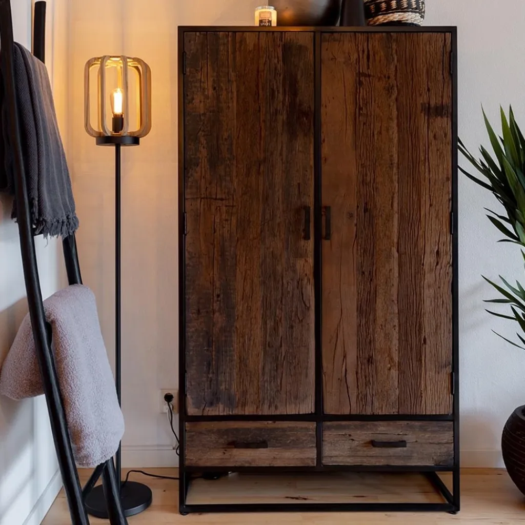 Mat zwarte vloerlamp met ruwe houten kap>Straluma Discount