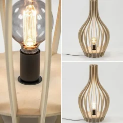 Naturel houten tafel/vloerlamp kegel met zwart><noscript><img width=