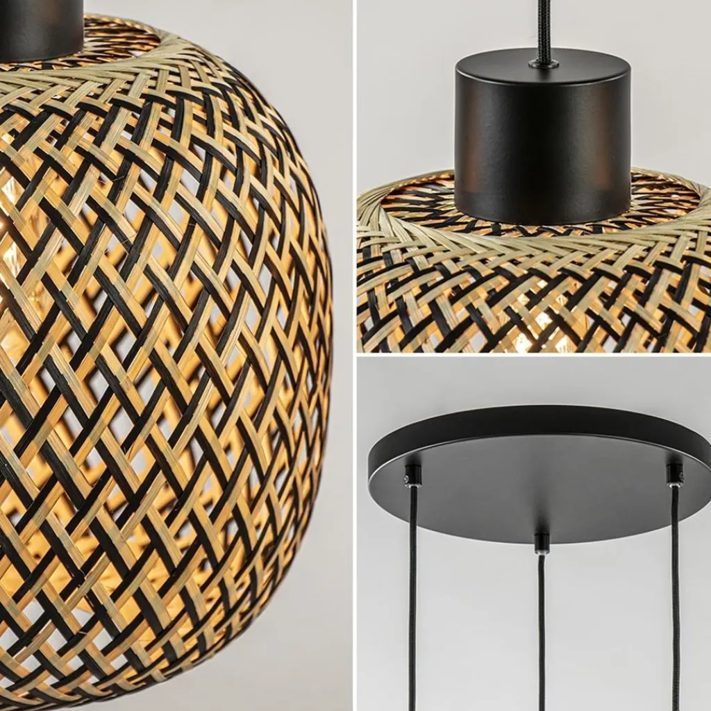 Ronde 3-lichts hanglamp zwart met bamboe kappen>Straluma Clearance
