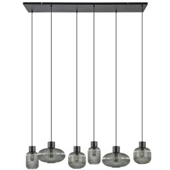 Stijlvolle 6-lichts eettafelhanglamp zwart met smoke glas>Straluma Sale