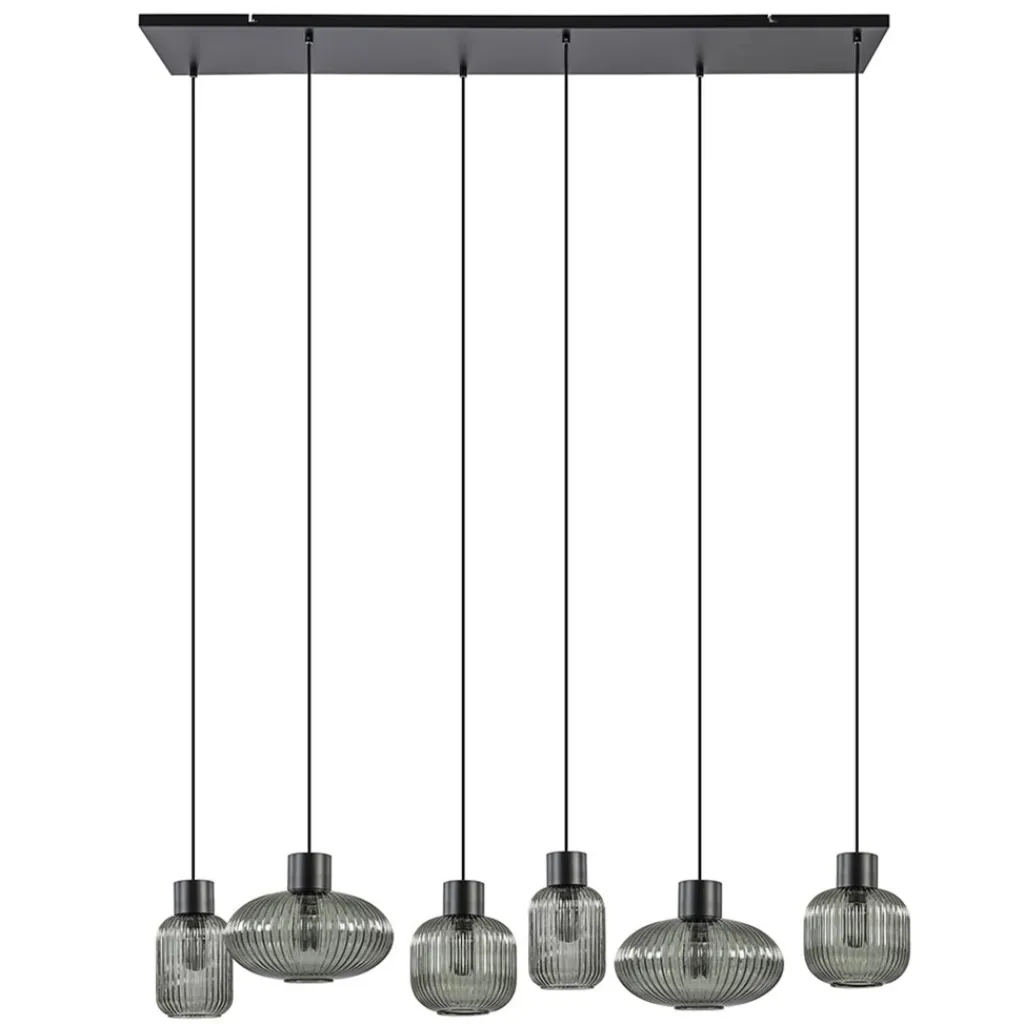 Stijlvolle 6-lichts eettafelhanglamp zwart met smoke glas>Straluma Sale