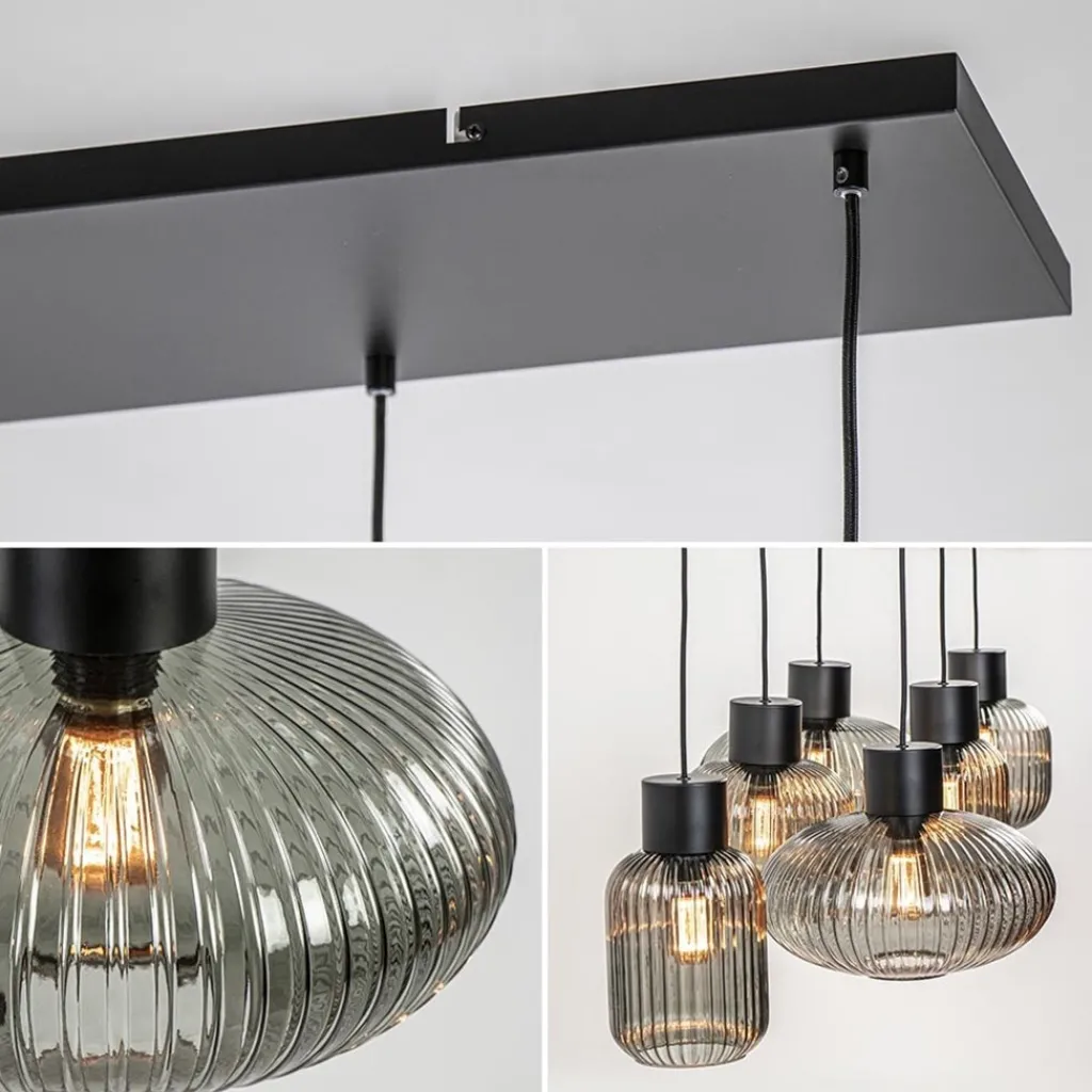 Stijlvolle 6-lichts eettafelhanglamp zwart met smoke glas>Straluma Sale