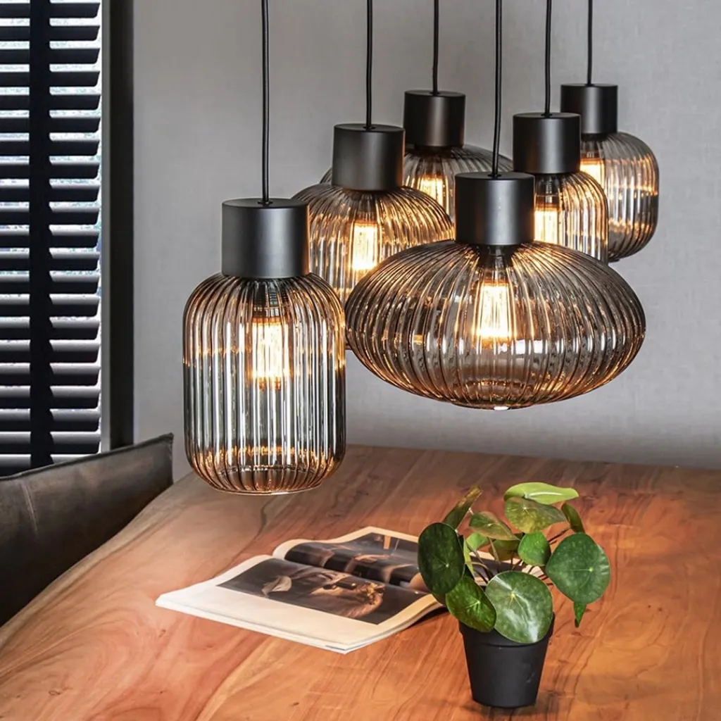 Stijlvolle 6-lichts eettafelhanglamp zwart met smoke glas>Straluma Sale