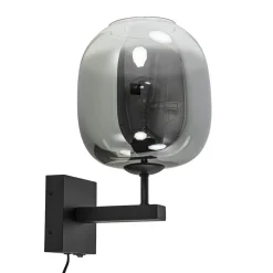Trendy wandlamp zwart met smoke glazen kap en snoer>Straluma Online