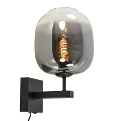 Trendy wandlamp zwart met smoke glazen kap en snoer>Straluma Online