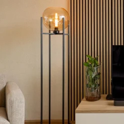 Vloerlamp zwart + amber glazen bol><noscript><img width=