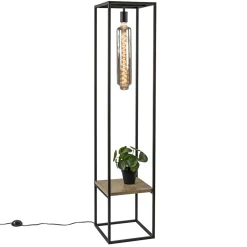 Vloerlamp zwart frame met houten plank>Straluma Outlet