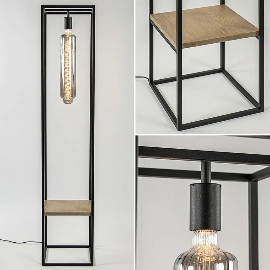 Vloerlamp zwart frame met houten plank>Straluma Outlet