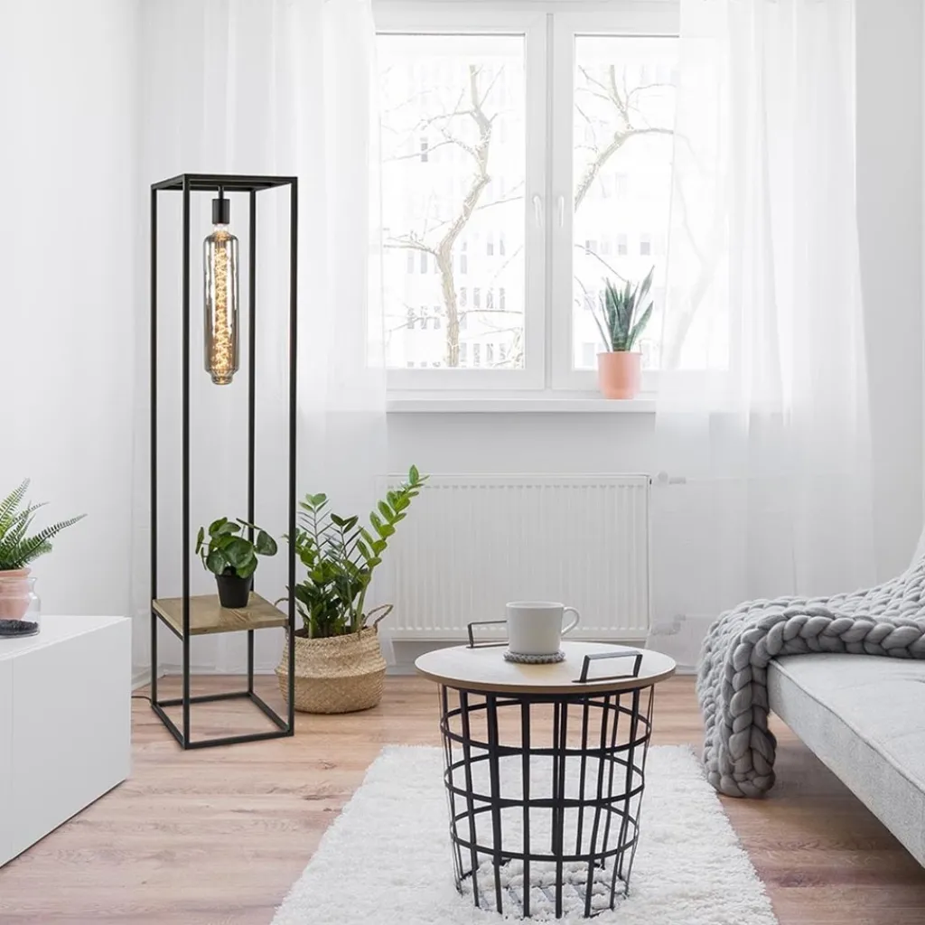 Vloerlamp zwart frame met houten plank>Straluma Outlet