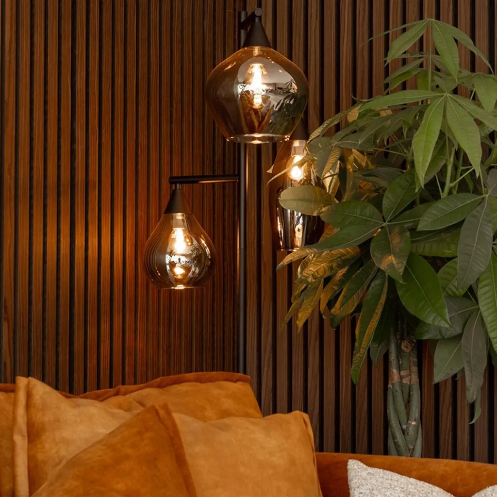 Zwart metalen vloerlamp met titanium glazen kappen>Straluma Best