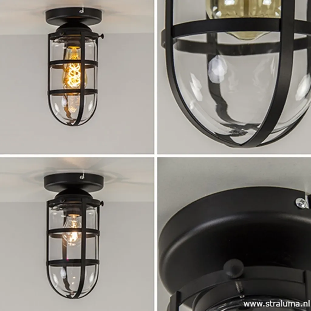 Zwarte Kooi- plafondlamp met glas>Straluma Outlet